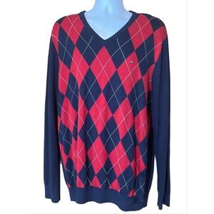 Tommy Hilfiger Men's Sweater Size 2XL Red Blue Gray Argyle Y2K Cotton EUC